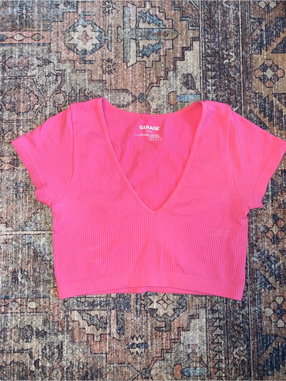 Garage Pink Ribbed V-Neck Cropped Tee